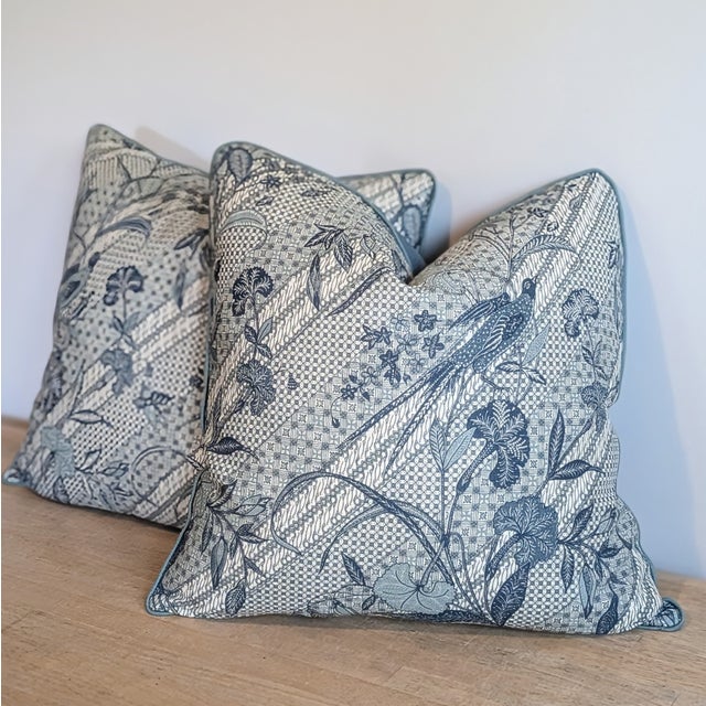 Transitional Jasper Java Stripe Pillows in Indigo With Aqua Cord For Sale - Image 3 of 8