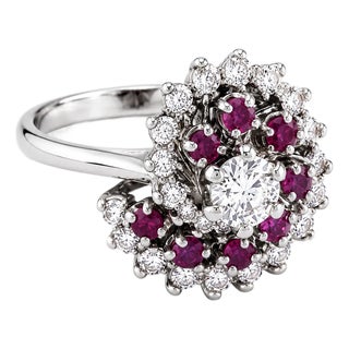 1970s 14K White Gold Ruby Diamond Floral Spiral Ring Estate, Size 4.75 For Sale