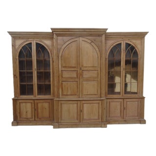 Monumnetal Antique English Pine Breakfront Library Bookcase Cabinet For Sale