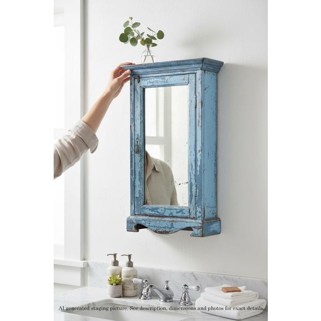 Antique c.1900 distressed blue painted cabinet with mirror – early 20th century cupboard / shelving full of authentic...