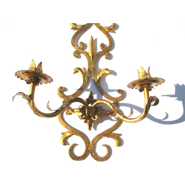 Hollywood Regency 1980s Palladio Style Italian Gilt Tole Two Candle Sconces - A Pair For Sale - Image 3 of 6