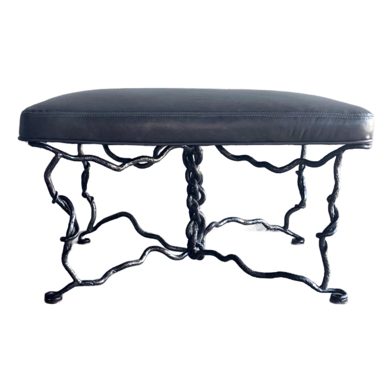 Vintage Sculptural Forged Iron and Leather Bench in the Style of ...