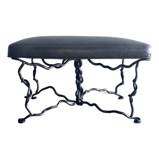 Vintage Sculptural Forged Iron and Leather Bench in the Style of Giacometti For Sale