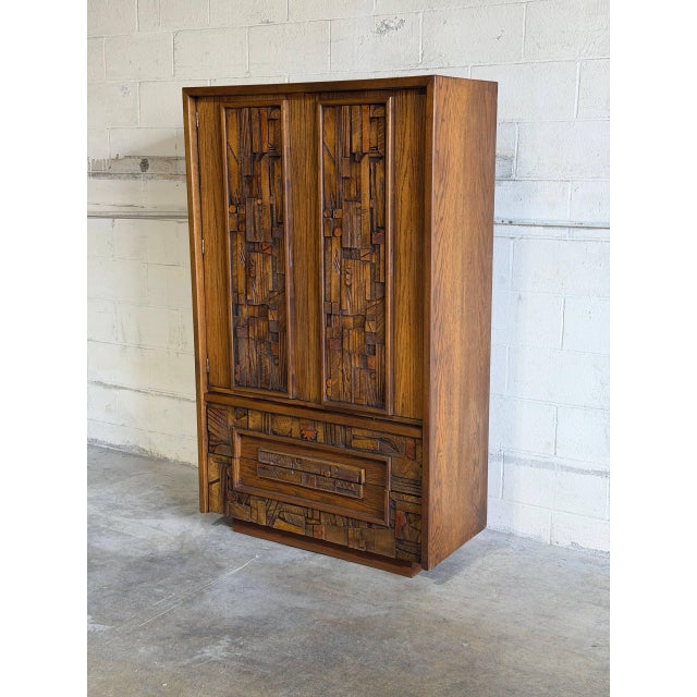 Lane Furniture Lane Brutalist Armoire Dresser Oak Mid-Century Modern 1970s For Sale - Image 4 of 10