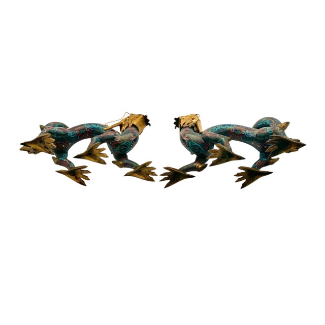 Late 20th Century Chinese Cloisonné Enamel Dragon Statue Pair on Carved Wood Bases, 10.4"h For Sale - Image 9 of 9