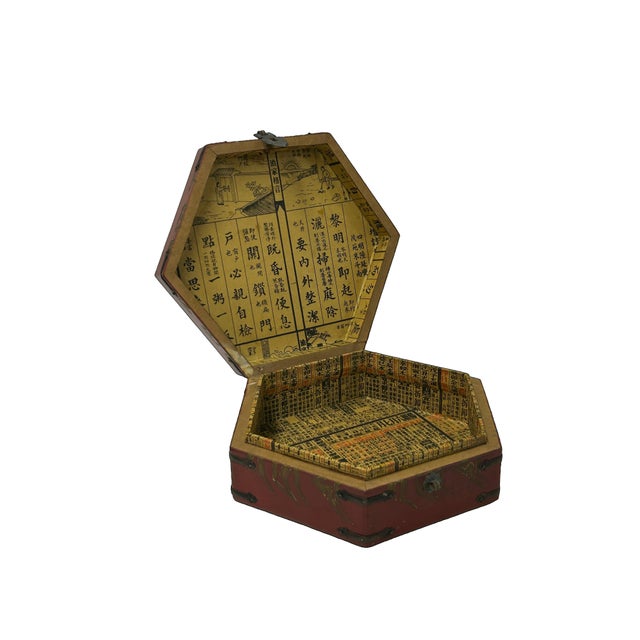 Oriental Hexagonal Red Color Mythical Figure Drawing Accent Box For Sale In San Francisco - Image 6 of 7