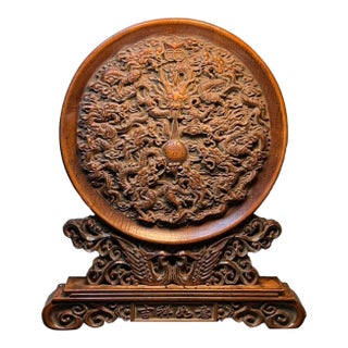 Vintage Chinese Hand Carved Boxwood Nine Dragons Table Screen For Sale