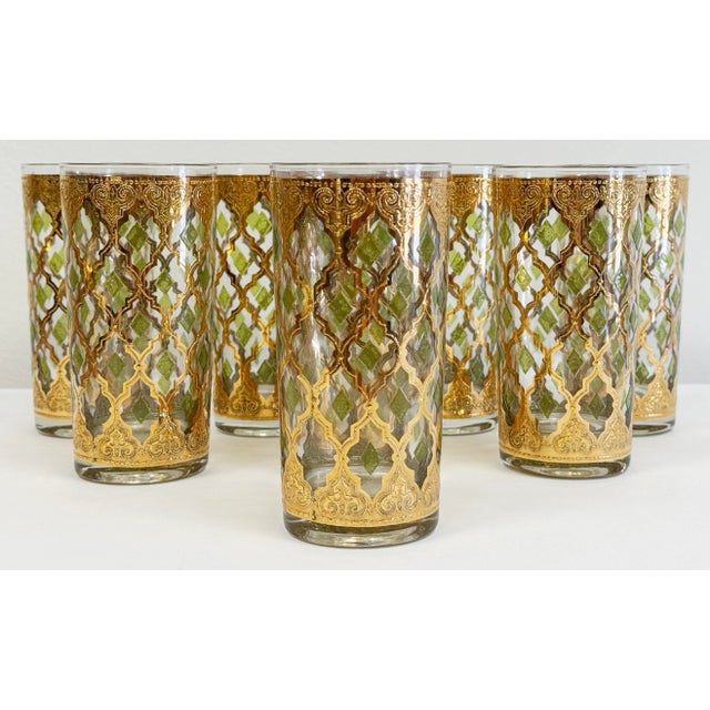 Set of eight Mid-Century Modern Culver Ltd. Valencia patterned highball glasses. Design features vibrant green embossed...
