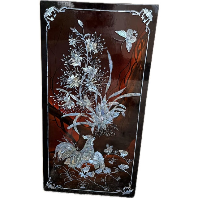 Vintage Vietnamese Burgandy Lacquer Mother-of-Pearl Inlaid Wall Panels – Set of Four For Sale - Image 4 of 5