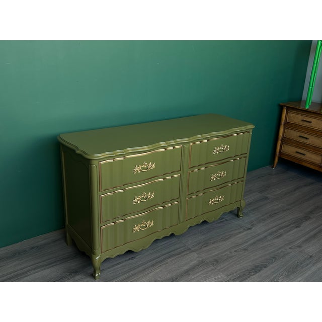 1970's French Provincial Olive Green Lacquered Dresser of Six Drawers For Sale - Image 10 of 11