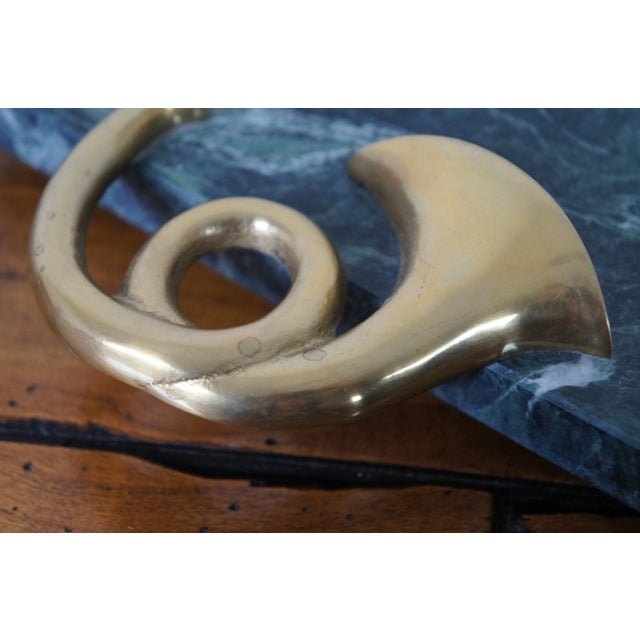 Green Vintage Green Marble Brass French Horn Handle Cheese Serving Board Tray For Sale - Image 8 of 12