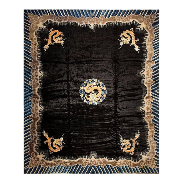 1920s Black Dragon Antique Chinese Peking Rug Handknotted Wool Carpet For Sale
