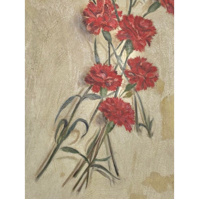 Antique Botanic Oil Painting of Red Carnations, Late 19th Century For Sale - Image 4 of 8