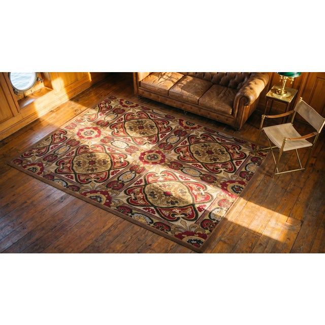 Splendid White Ivory and Red Wine Color With Unique Geometric Design Antique Needlepoint Rug For Sale - Image 10 of 10