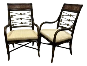 Late 20th Century Leather Wrapped Bamboo Brass and Steel Neoclassic Arrow Back Arm Chairs- Set of 2