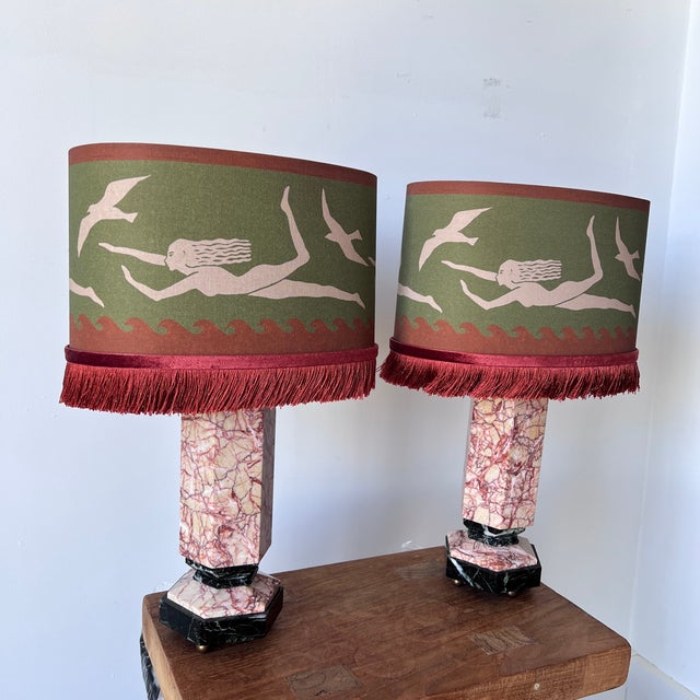 Stone Mid-Century Modern Italian Marble Table Lamps with Bespoke Shades, 1950s, Set of 2 For Sale - Image 7 of 11
