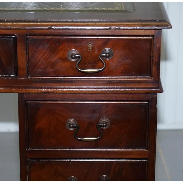 Green Hardwood & Green Leather Partner Desk with Sliding Keyboard Shelf & Twin Pedestals For Sale - Image 8 of 18
