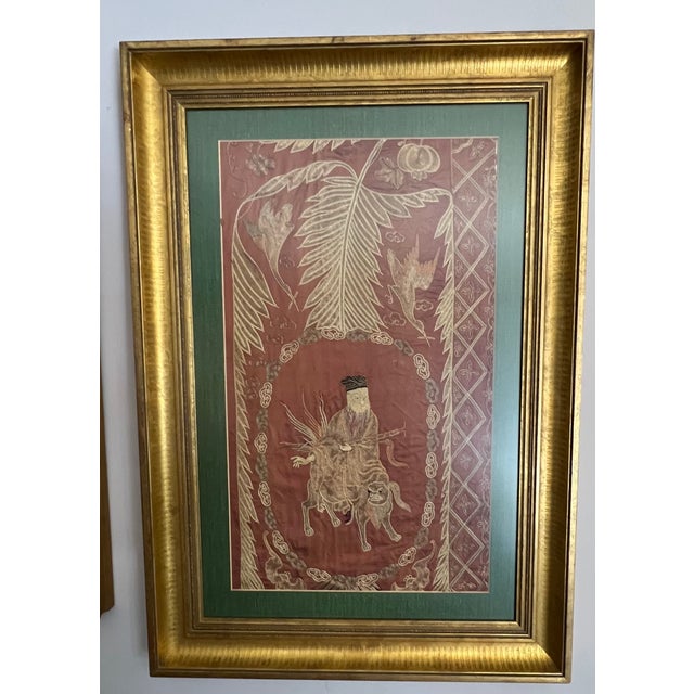 Chinese Late 19th Century Chinese Silks Immortal Framed Late Qing Dynasty Antique Foo Lions Ferns Metallic Threads - Set of 2 For Sale - Image 3 of 6