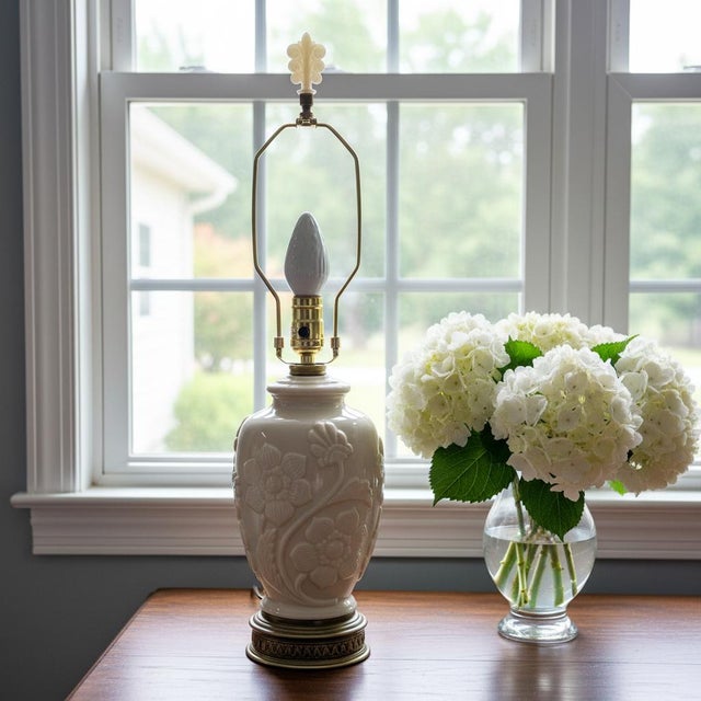 Art Deco 1940s Aladdin Alacite Glass Table Lamp-Cream-Rewired-Vintage-Milk-Antique-Floral For Sale - Image 3 of 8