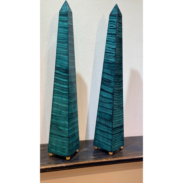 1960s Monumental Pair Faux Malachite Obelisks on Gold Ball Feet For Sale - Image 10 of 10