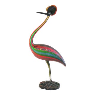 Vintage Italian Tall Red Blue Green Glass Crested Bird Sculpture For Sale