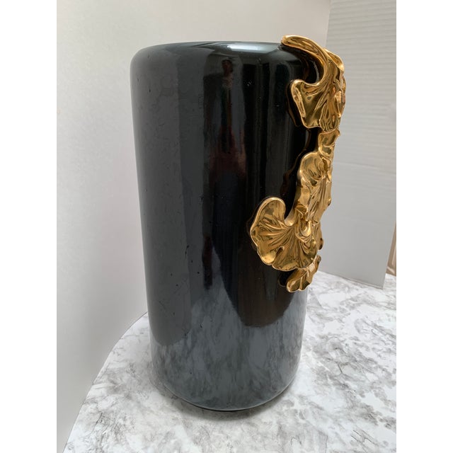 Vintage Large Italian Black and Gold Ginkgo Leaf Vase or Umbrella Vessel For Sale - Image 9 of 11