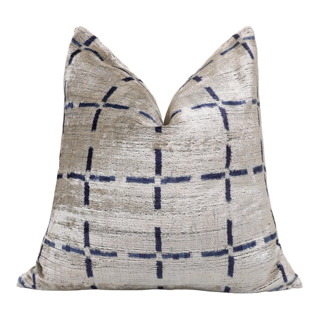 Handwoven Silk Velvet Grid Pillow 20x20 Inch | Organic Modern Luxury Accent Cushion For Sale