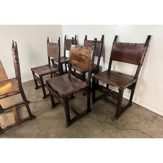 Wood Set of Six Spanish Revival Leather and Carved Wood Armchairs For Sale - Image 7 of 17