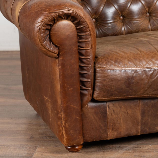 Animal Skin 20th Century English Vintage Brown Leather Chesterfield Three Seat Sofa For Sale - Image 7 of 14