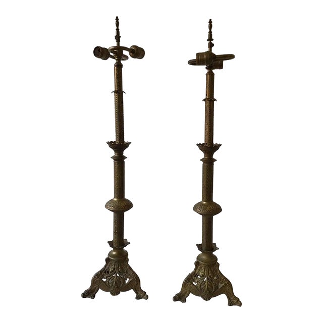 1920s Brass Church Candlestick Lamps For Sale