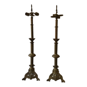 1920s Brass Church Candlestick Lamps