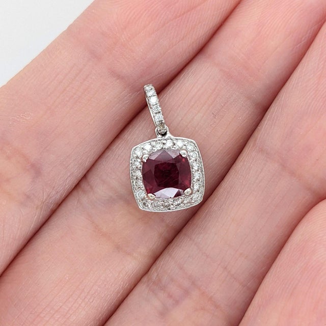 Metal 1.24ct Ruby Pendant W Earth Mined Diamonds in Solid 14k White Gold Cushion 6mm For Sale - Image 7 of 9