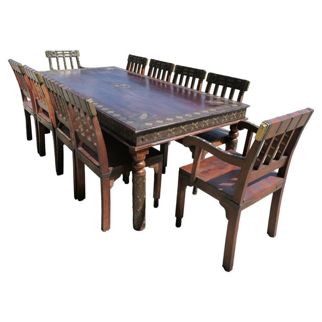 Anglo-Indian Raj Table and Chairs with Metal Decor, 1920s, Set of 11 For Sale - Image 11 of 11