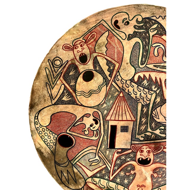 African Tanzanian Spirits on a Painted and Carved Circular Wood Relief, Signed by George Lilanga For Sale - Image 3 of 9