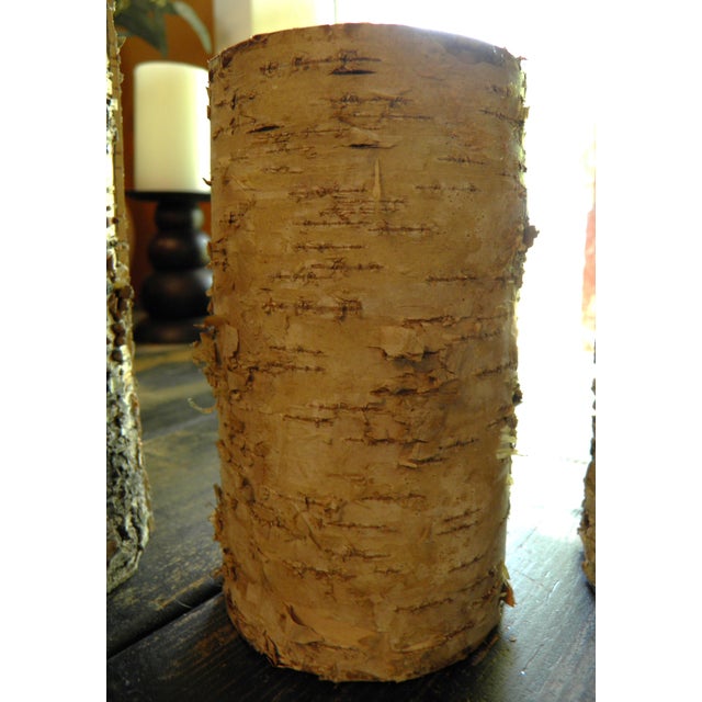 3 Rustic Birch Bark Wax Candles Led Flickering Flameless Lights 8”+8”+6” For Sale - Image 4 of 7