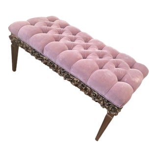 Late 19th Century Hollywood Regency Pink Velvet Tufted Bench With Ornate Carved Frame For Sale