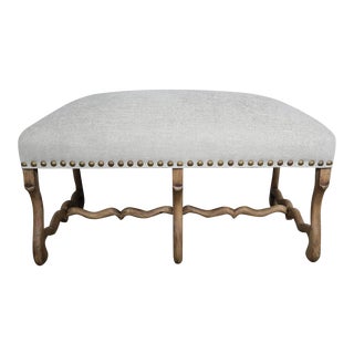 Spanish Walnut Bench with Linen Upholstery and Nailheads For Sale