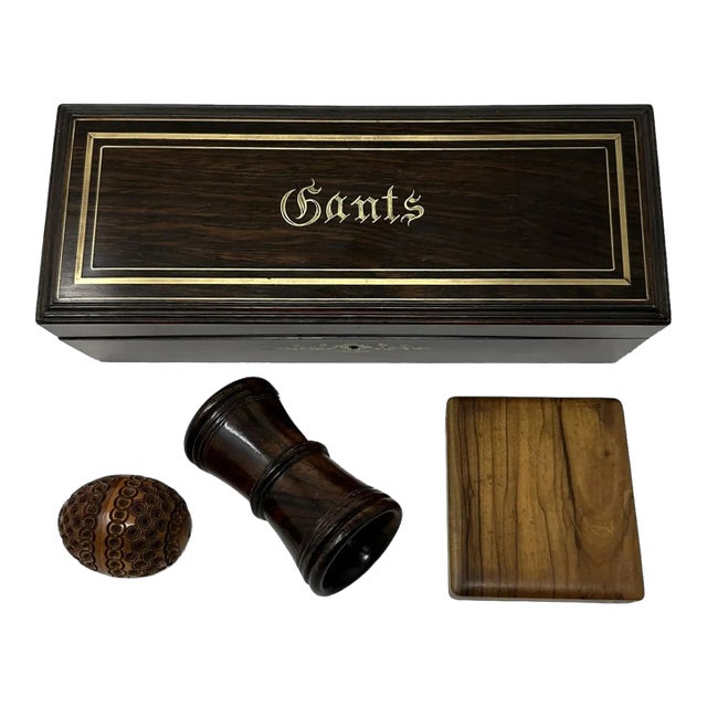 Antique Treen Ware Coquilla Nut, Glove Box, Backgammon Dice Shaker, Lady's Card Case For Sale