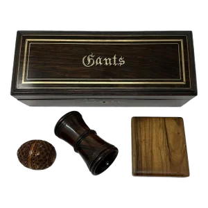 Antique Treen Ware Coquilla Nut, Glove Box, Backgammon Dice Shaker, Lady's Card Case