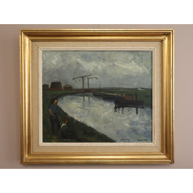 BY THE WATERBANK Size: 25.4 x 28.9 inches (including frame) Oil on canvas A large and atmospheric mid-century landscape...