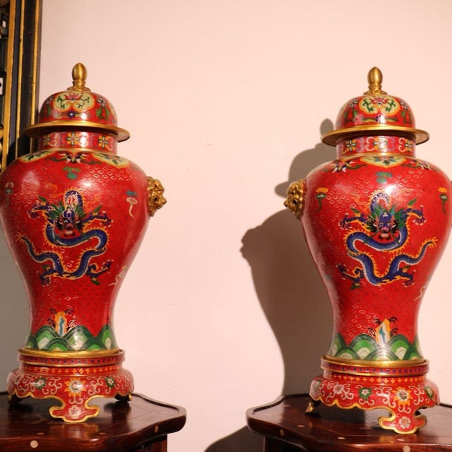 Pair of Chinese Cloisonné Vases | Red Ground Dragon & Phoenix Motif With Stands For Sale - Image 4 of 9