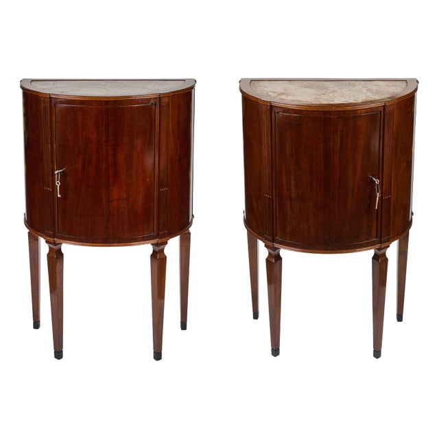 1900s Pair Antique Cherry Wood Demi-Lune Cabinets With Marble Tops For Sale