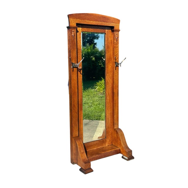 Early 20th Century Antique Arts & Crafts Tiger Oak Hall Tree With Beveled Mirror & Japanned Hooks For Sale - Image 4 of 12