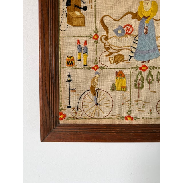 Brown Vintage Framed Needlepoint Textile Wall Art With Whimsical Domestic Scene For Sale - Image 8 of 11