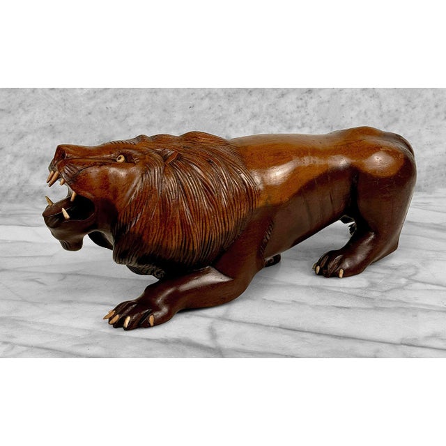 African Vintage 15" Traditional Mahogany Lion Carved Sculpture For Sale - Image 3 of 11