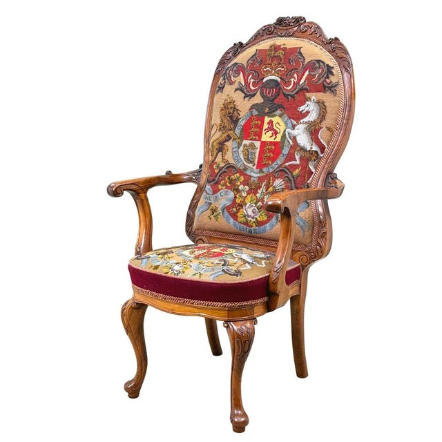 Victorian Walnut Armchair with Royal Coat of Arms Upholstery, 1860 For Sale - Image 14 of 14