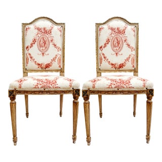 Pair of Louis XVI Style Toile De Jouy Side Chairs by Fournier Paris For Sale