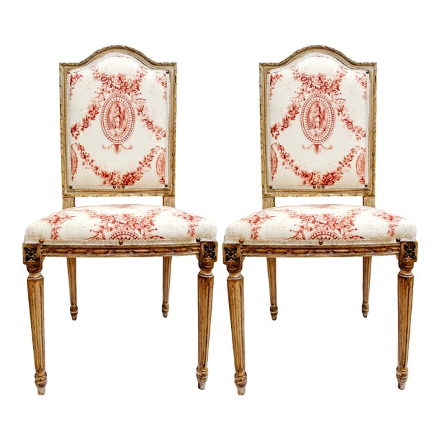 Pair of Louis XVI Style Toile De Jouy Side Chairs by Fournier Paris For Sale