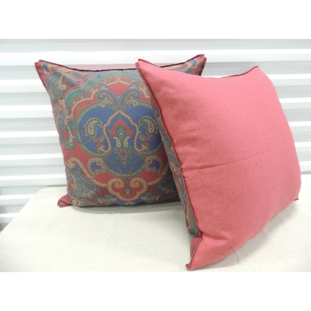 2000 - 2009 Red & Blue Modern Square Decorative Pillows From Portugal - A Pair For Sale - Image 5 of 5