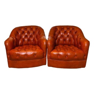 Vintage 1980s Pair of Cognac Tufted Barrel Club Chairs by Classic Leather Inc., Hickory Nc – Top Grain Leather on Brass Shepherd Casters For Sale